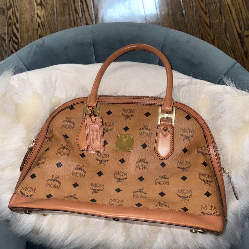 MCM Brown Satchel with Gold Accents